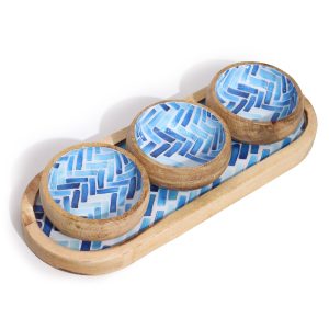 Mango Wood Serving Tray with 3 Bowls – Blue Stripe